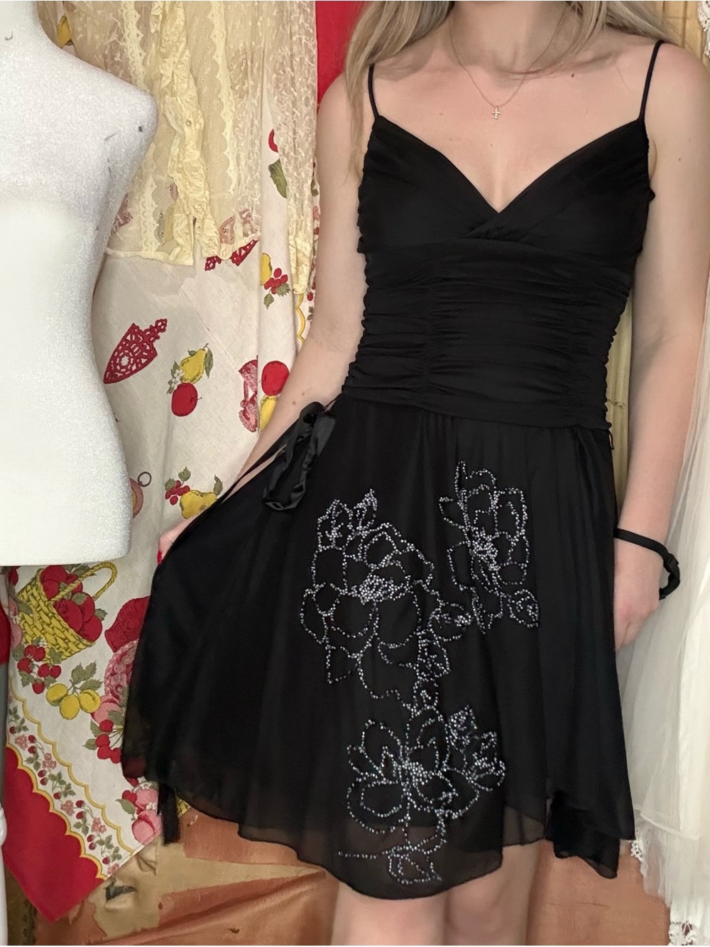 Vintage 90’s Chesley Black Spaghetti Strap Dress with Floral Detail